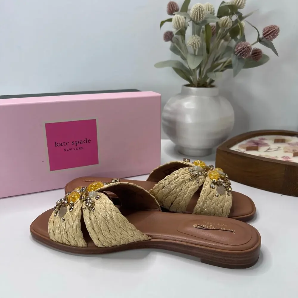 Kate Spade Dock Crystal Natural Braided Raffia Slide 10011323 Women 7B NWB - Picture 6 of 10
